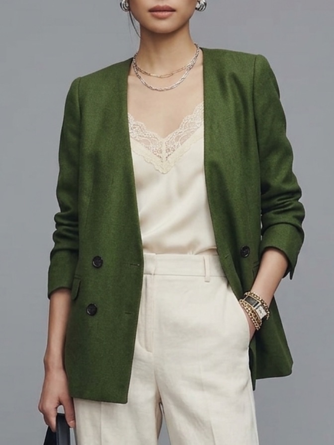 J. Crew 100% Linen Double Breasted Collarless Blazer Size 2 Olive Green Jacket